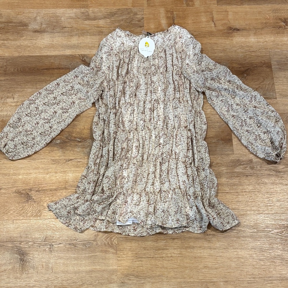 Light Beige Floral Long Sleeve Smocked Dress
